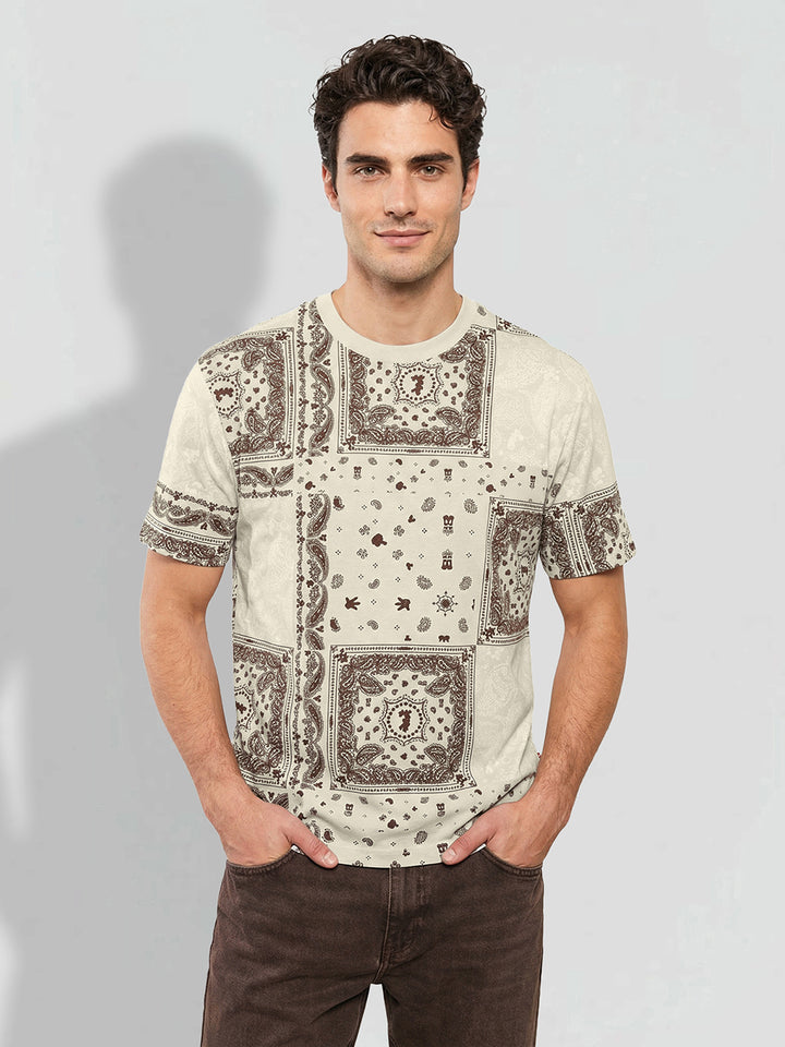 Bandana Print Off White Easy Fit Men's Round Neck T-Shirt by Being Human Clothing 