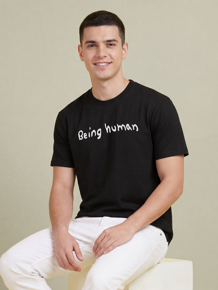 Typographic Black Easy Fit Men's Round Neck T-Shirt by Being Human Clothing