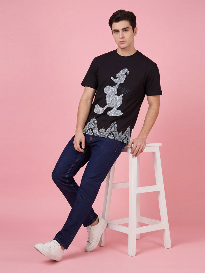 Donald Duck Black Easy Fit Men's Short Sleeve Round Neck Paisley Print T-Shirt by Being Human Clothing 