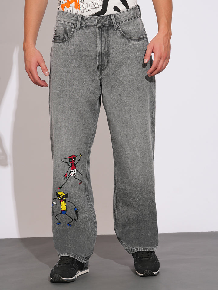 Deadpool & Wolverine Grey Men's Mid Rise Jeans