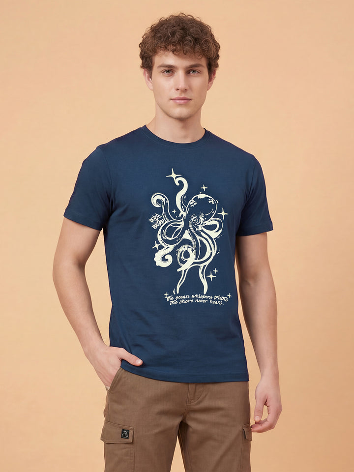 Navy Blue Moderno Fit Men's Round Neck Graphic T-Shirt  