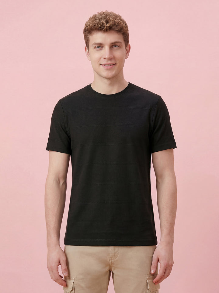 Black Moderno Fit Men's Short Sleeves Round Neck Textured T-Shirt  