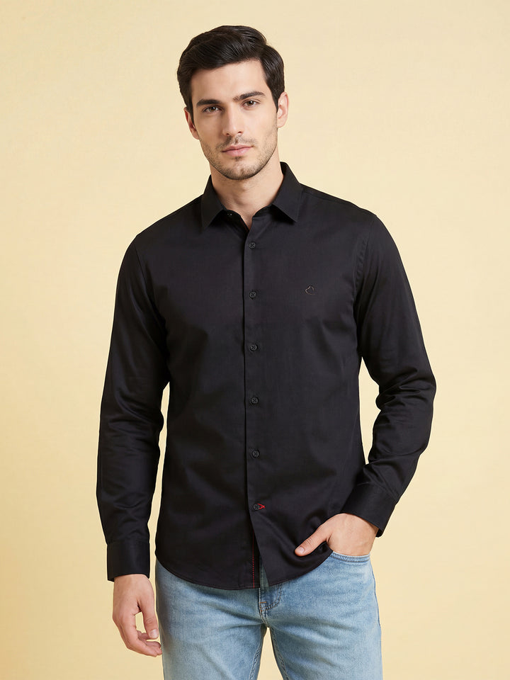Black Slim Fit Men's Long Sleeves Casual Shirt