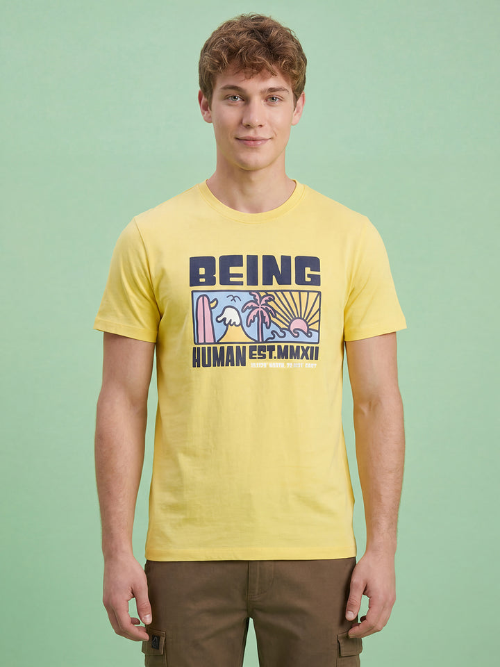 Yellow Moderno Fit Men's Round Neck Short Sleeves T-Shirt by Being Human ClothingÂ 