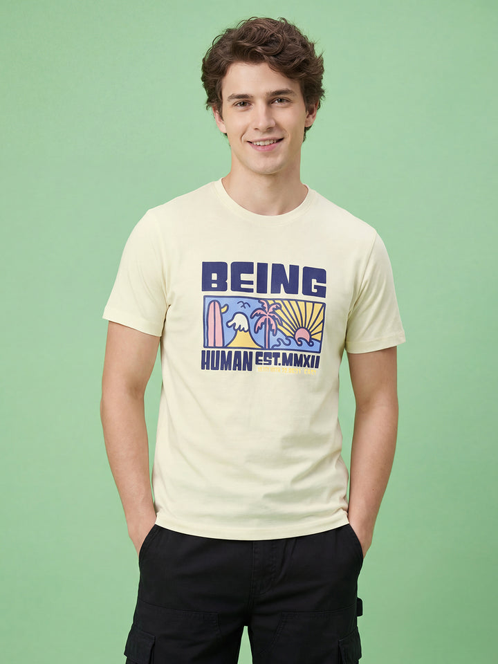 Off White Moderno Fit Men's Crew Neck Graphic Print T-Shirt by Being Human ClothingÂ 